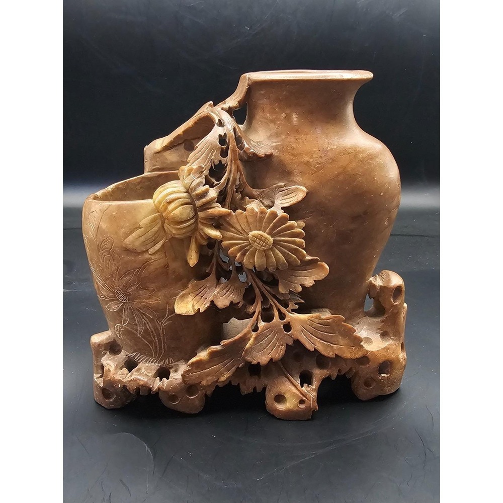 Vintage‎ Chinese Soapstone Double Vase Hand Carved Floral Light Brown 6in SIGNED
